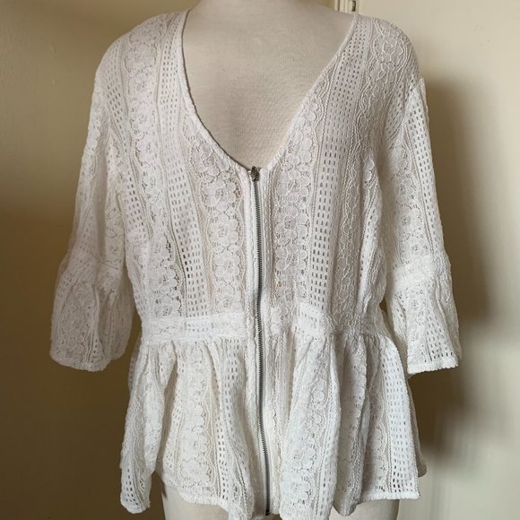 VENUS WHITE LACE TOP BELL SLEEVES ZIPPED FRONT COTTON RAYON NYLON SIZE 16 - Picture 1 of 11